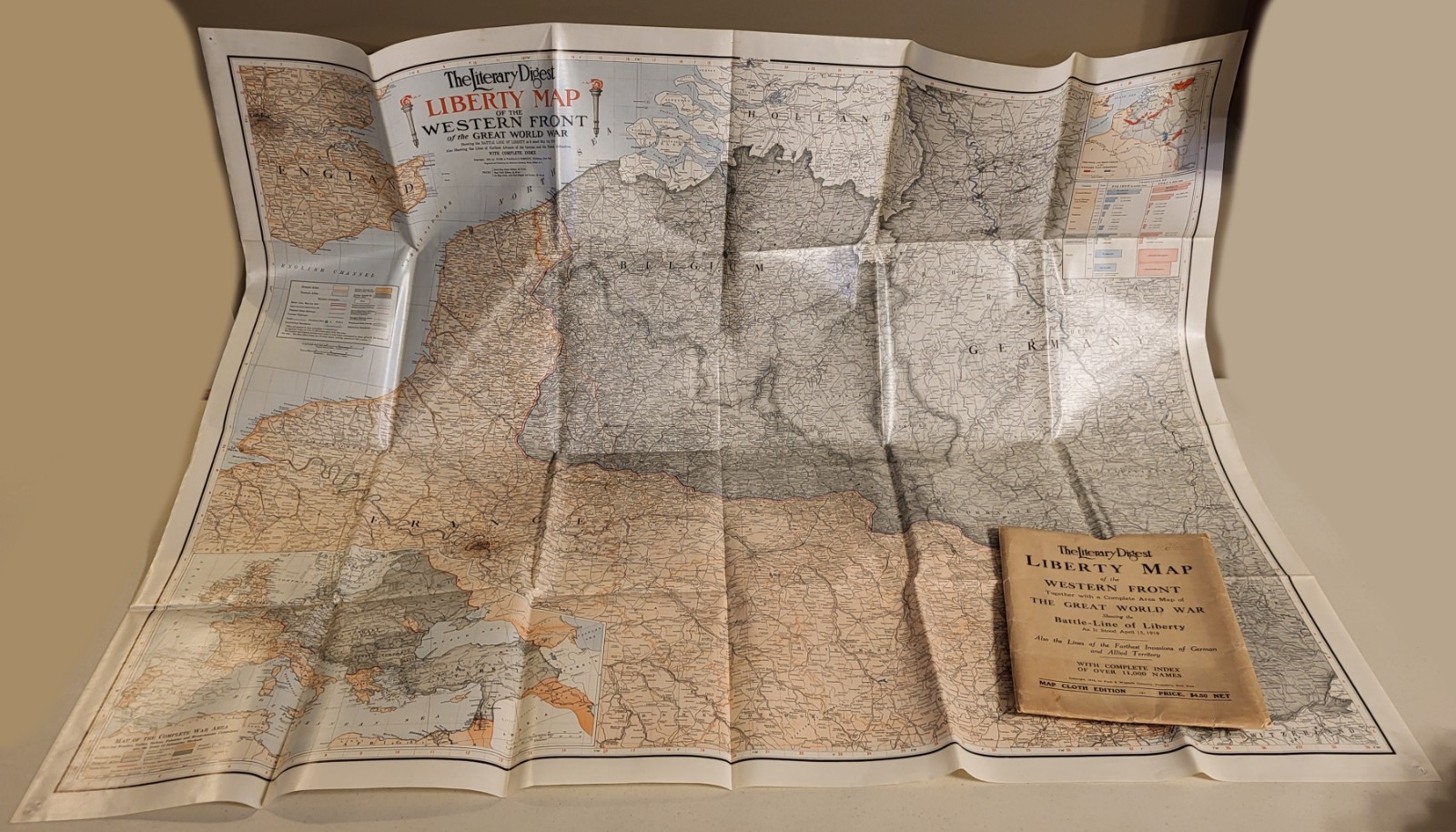 WWI 1918 Western Front Battle-Line Liberty Map! Coated Cloth. Large 51" x 42".