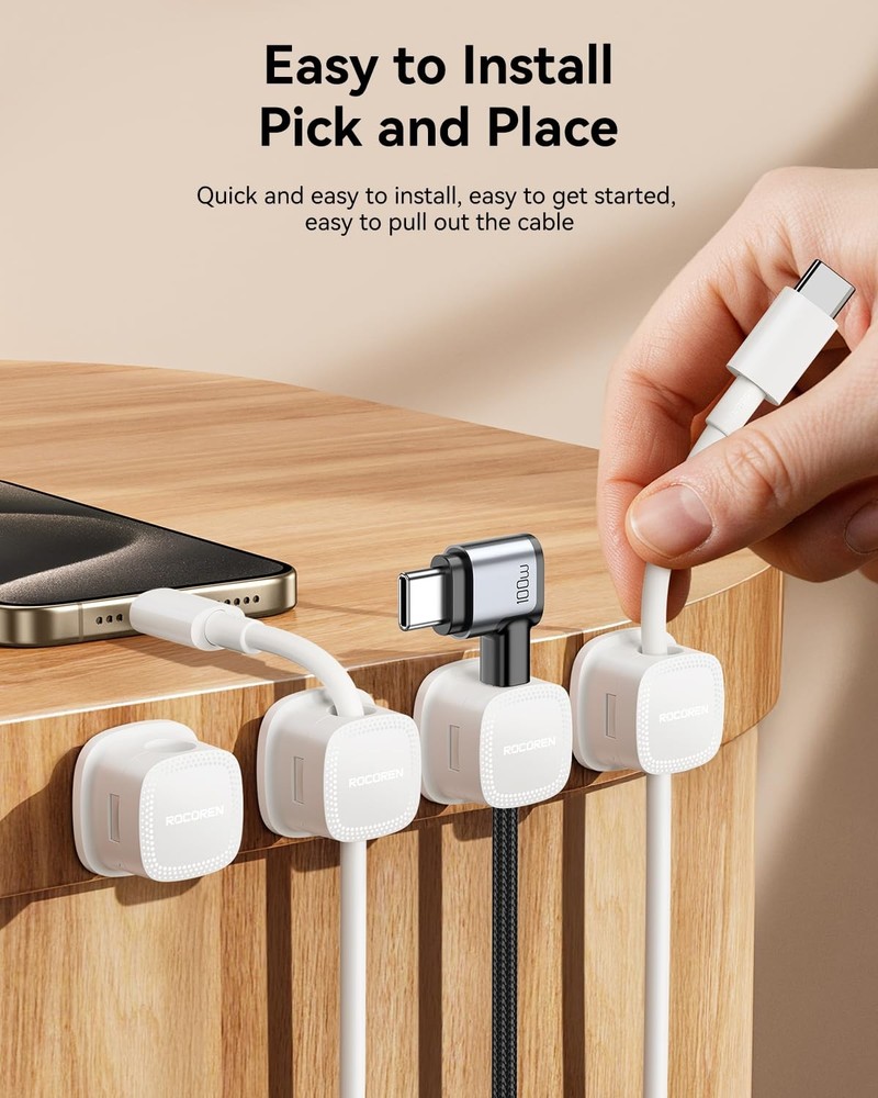 6-Pack Magnetic Cable Clips, Rocoren Smooth Adjustable Adhesive Cord Organizer,