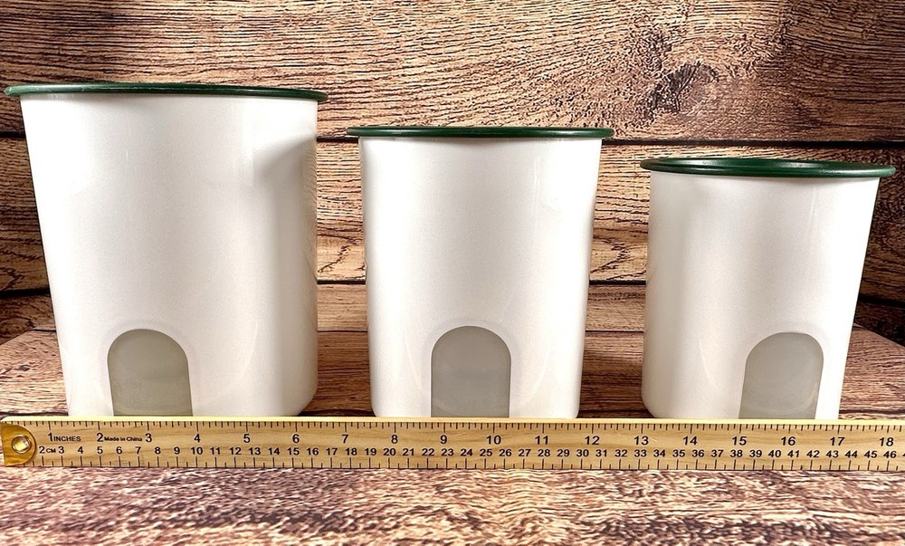 Set 3 Tupperware One Touch Window Reminder Nesting Storage Canisters Green Lids