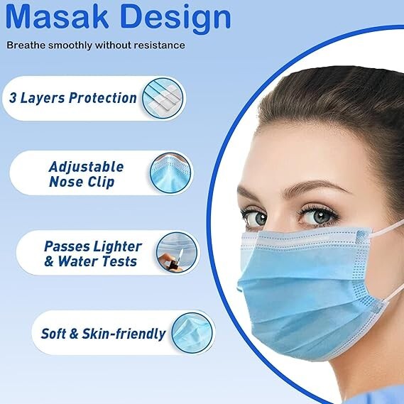 50/100 Pcs Blue Disposable Face Cover 3-Ply Filter Breathable Earloop Masks