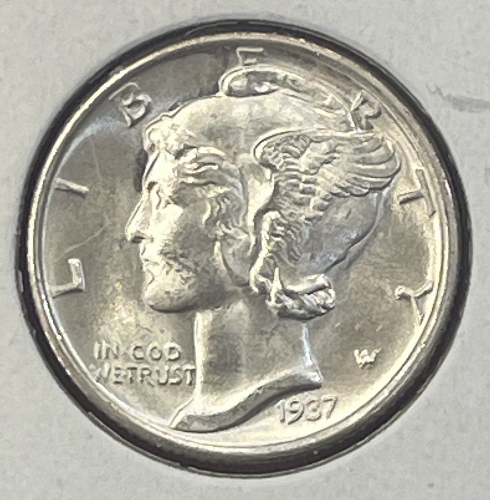 1937 S Mercury Silver Dime, Gem Uncirculated.
