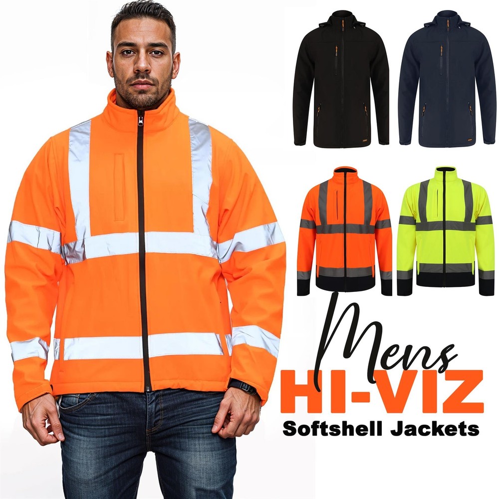 Premium Hi Vis Soft Shell Jacket High Viz Visibility Work Rain Proof Zip Jackets