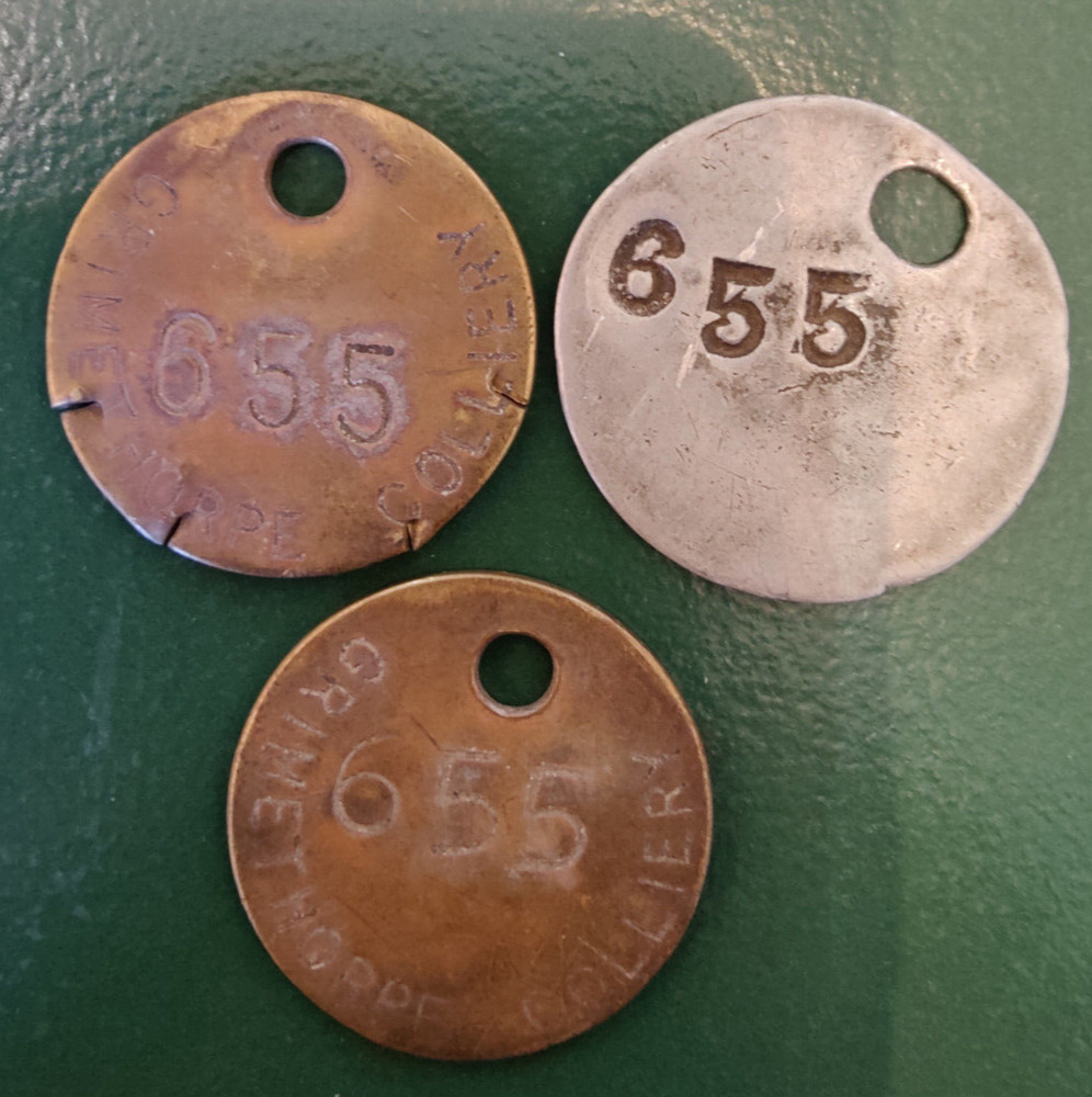 3x GRIMETHORPE Colliery Pit Check Tally - marked GRIMETHORPE COLLIERY 655