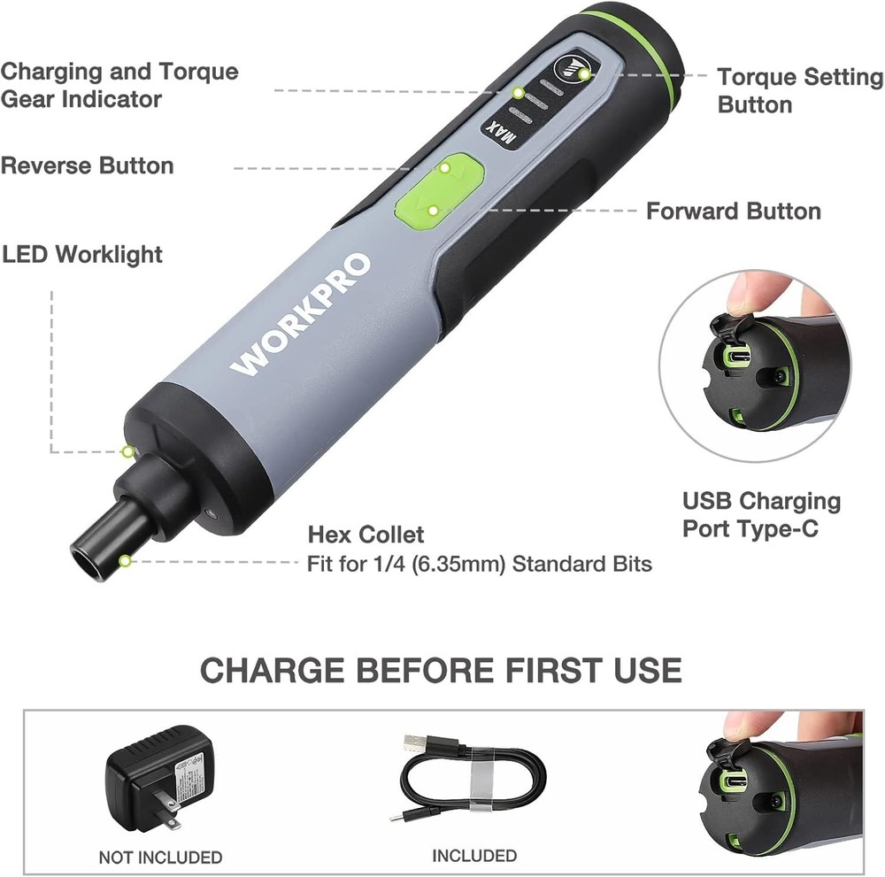 WORKPRO 4V Electric Screwdriver Rechargeable Cordless Screwdriver Set w/35 Bits