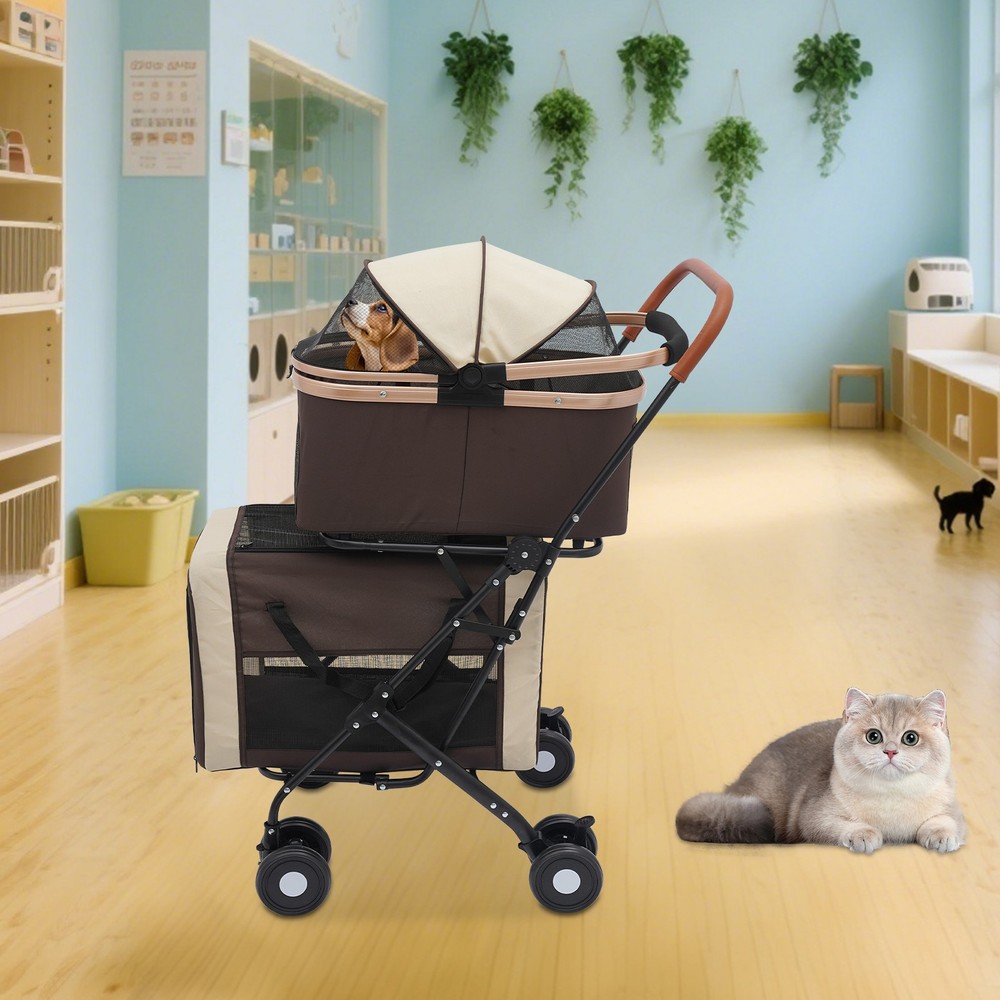 2-Tiers Cat Stroller Foldable Pet Stroller Small & Medium Dogs Stroller 77lbs