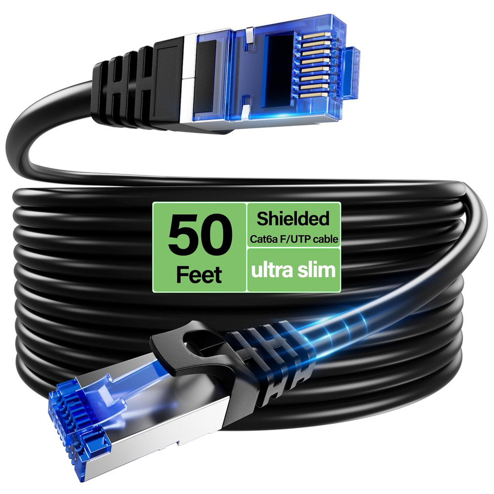 Cat6A Ethernet Cable Shielded 10Gbps 50 Ft, Slim Shielded (F/UTP) Ethernet Cable