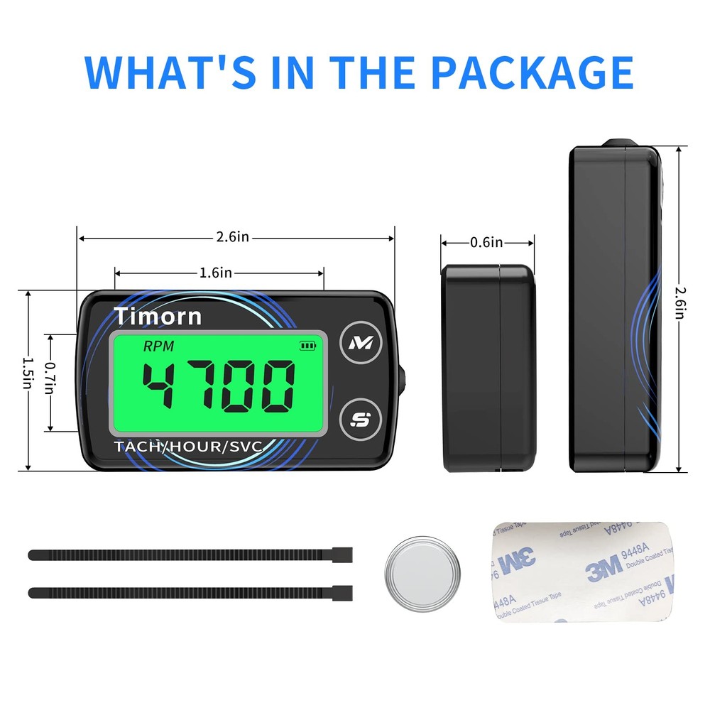 Small Engine Tachometer Hour Meter: Timorn Digital Inductive Black, Blue