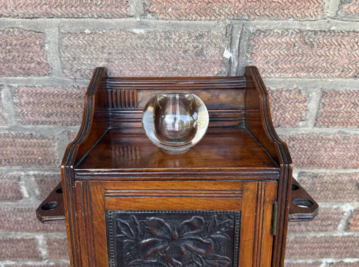 Antique Edwardian Oak Wall Hanging Smokers Cabinet & Original Glass Match Holder