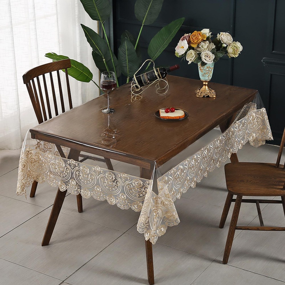 Clear Plastic Tablecloth Waterproof Rectangle Vinyl Table Cloth with Embroide...