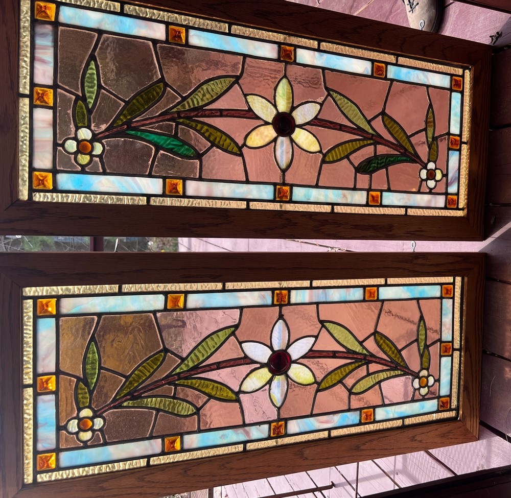 Matched pair floral stained glass windows