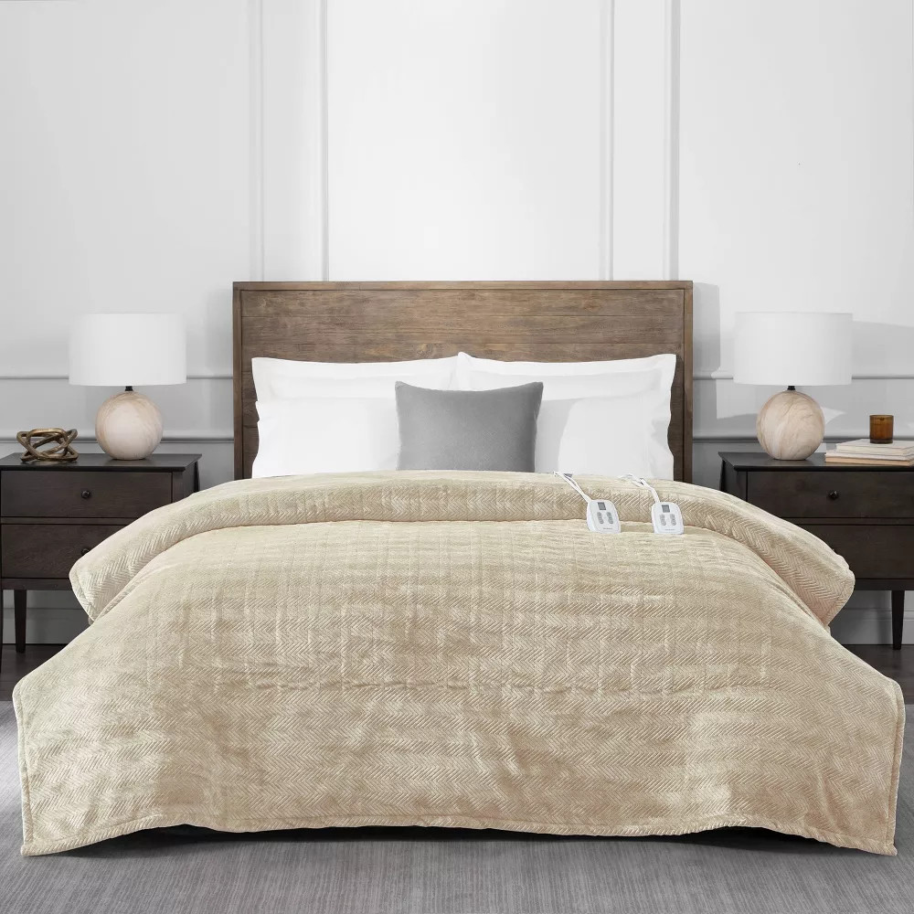Brookstone King Heated Micro Herringbone Blanket Taupe