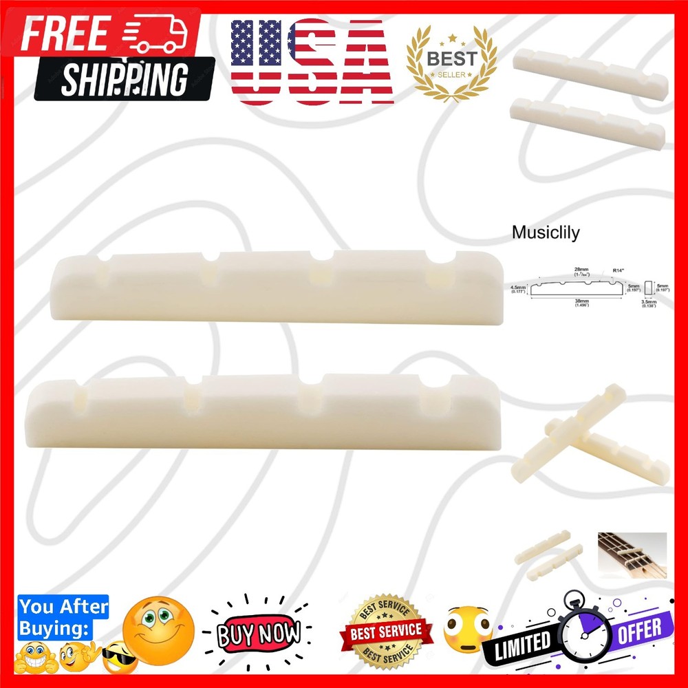 Basic 38mm Flat Bottom Bone Slotted Bass Nut for 4 String Bass Guitar, 38 * 3...