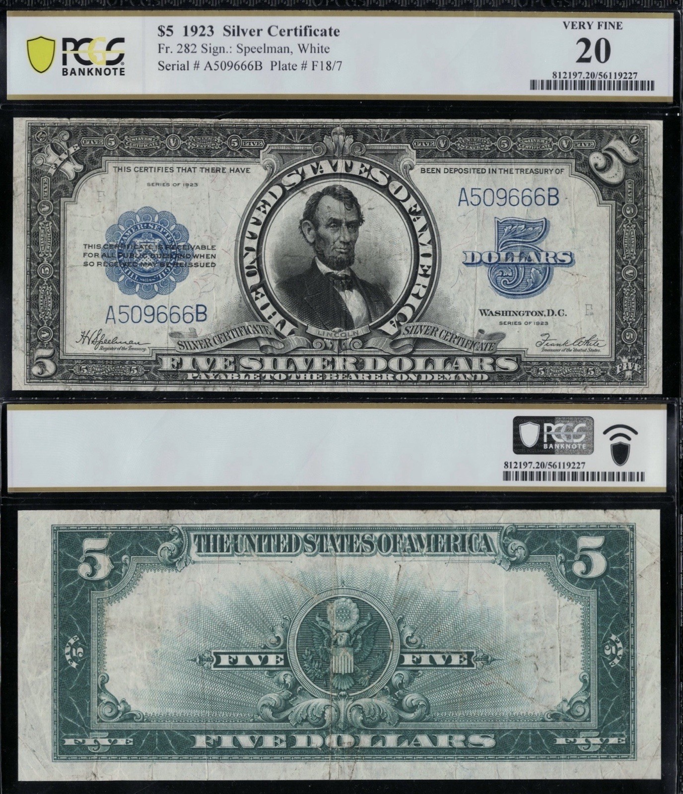 SC 1923 $5 Fr.282 “Porthole” Silver Certificate - PCGS 20 Very Fine (666B)