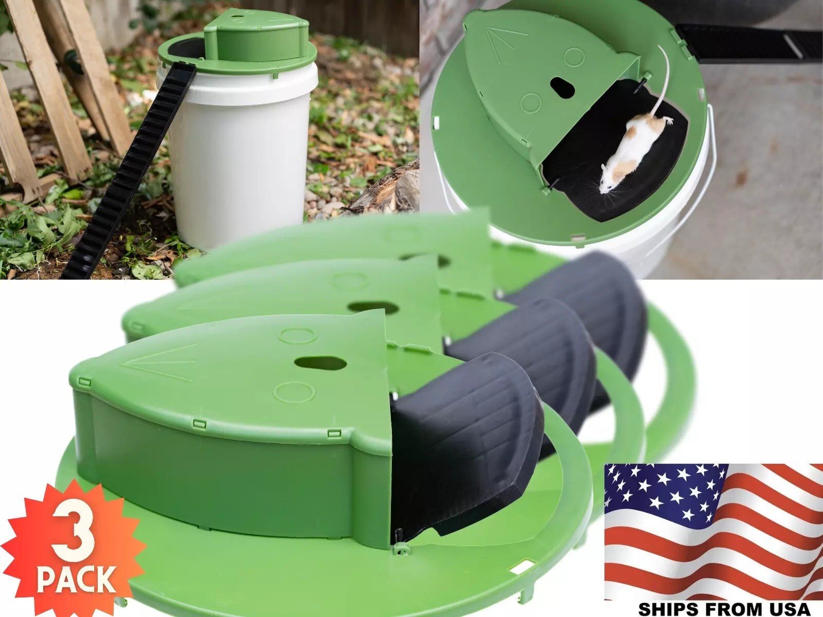 Humane Mouse Rat Trap, 3PACK Rats Trap Bucket Lid Catcher with Ramp Mousetraps