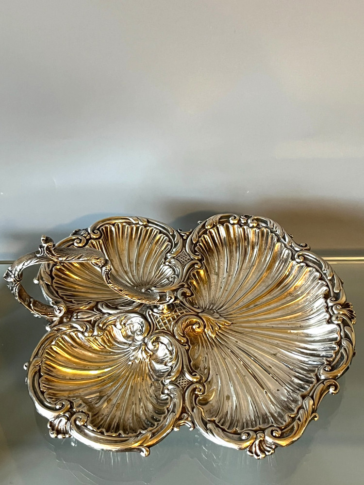 Antique Silver Plate Triple Shell Footed Serving Tray