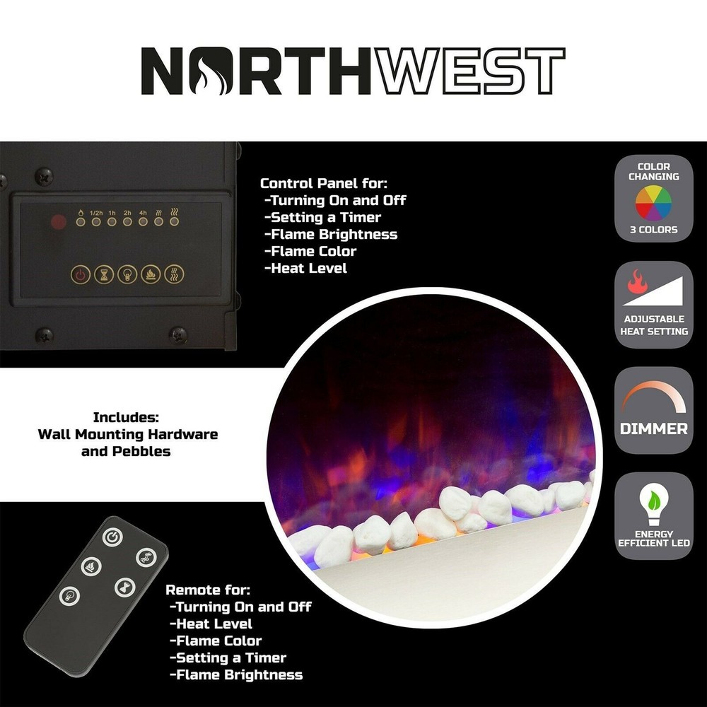 54" Electric Fireplace Wall Mounted Adjustable Heat Remote Backlight Color Timer