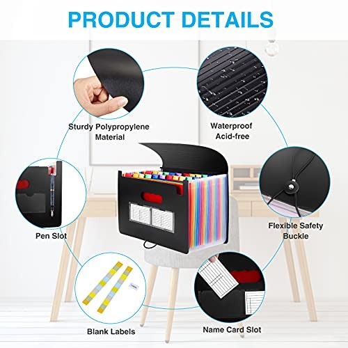 24 Pockets Expanding File Folder with Blank Labels, According File Black
