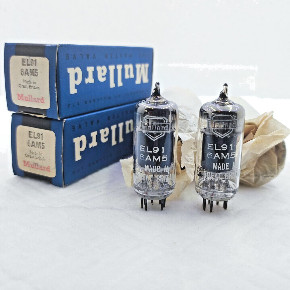 Mullard EL91 6AM5 N77, NOS NIB pair, square getter