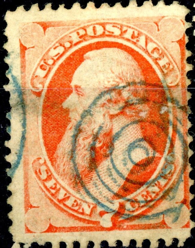 USA 149 7c ORANGE USED WITH SHARP 4-RING BLUE RING CANCEL