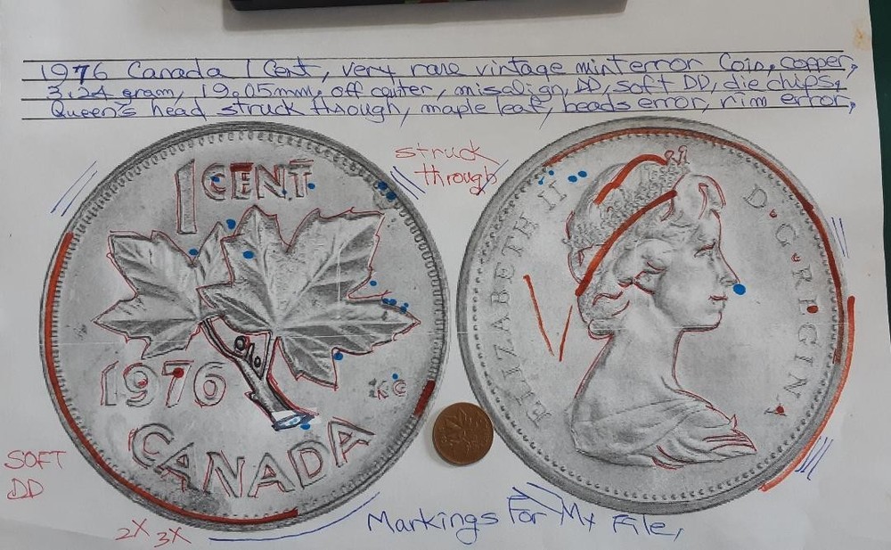 1976 canada 1 cent, Struck Through/DD/Soft DD/Misalign/Die Chips/Beads/Rim/Maple