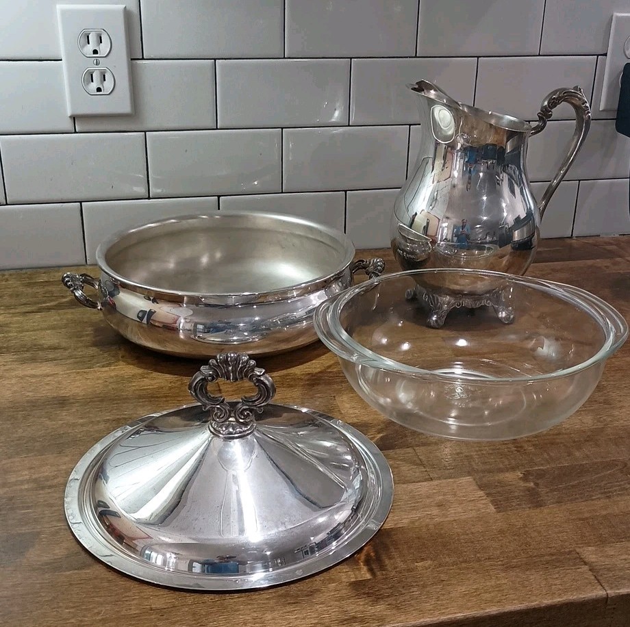 FB Rogers Silver Plate Covered Casserole Serving Dish Bowl with Insert + Pitcher