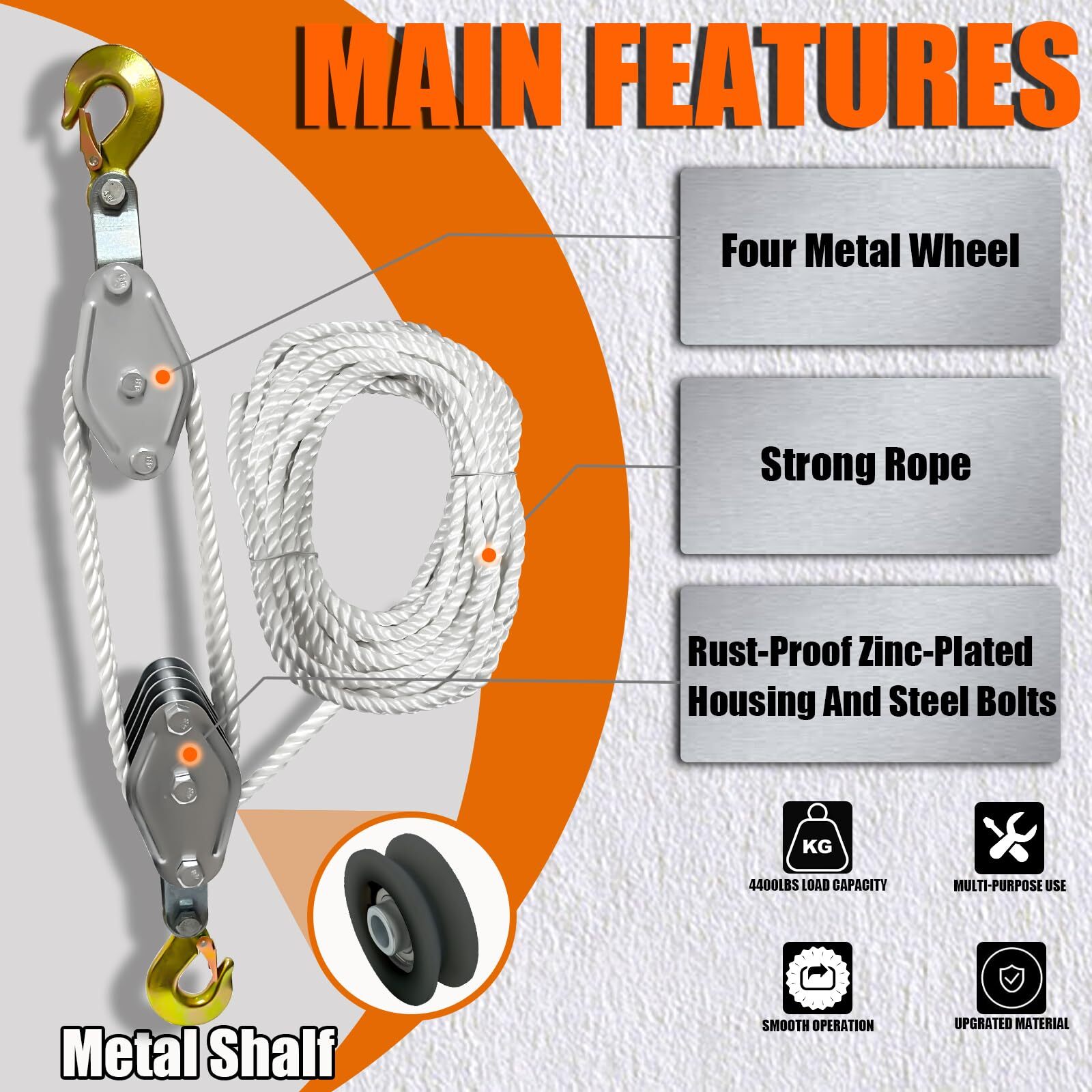 Rope Pulley Hoist 4400 LB, 8:1 Lifting Power Pulley Block and Tackle System