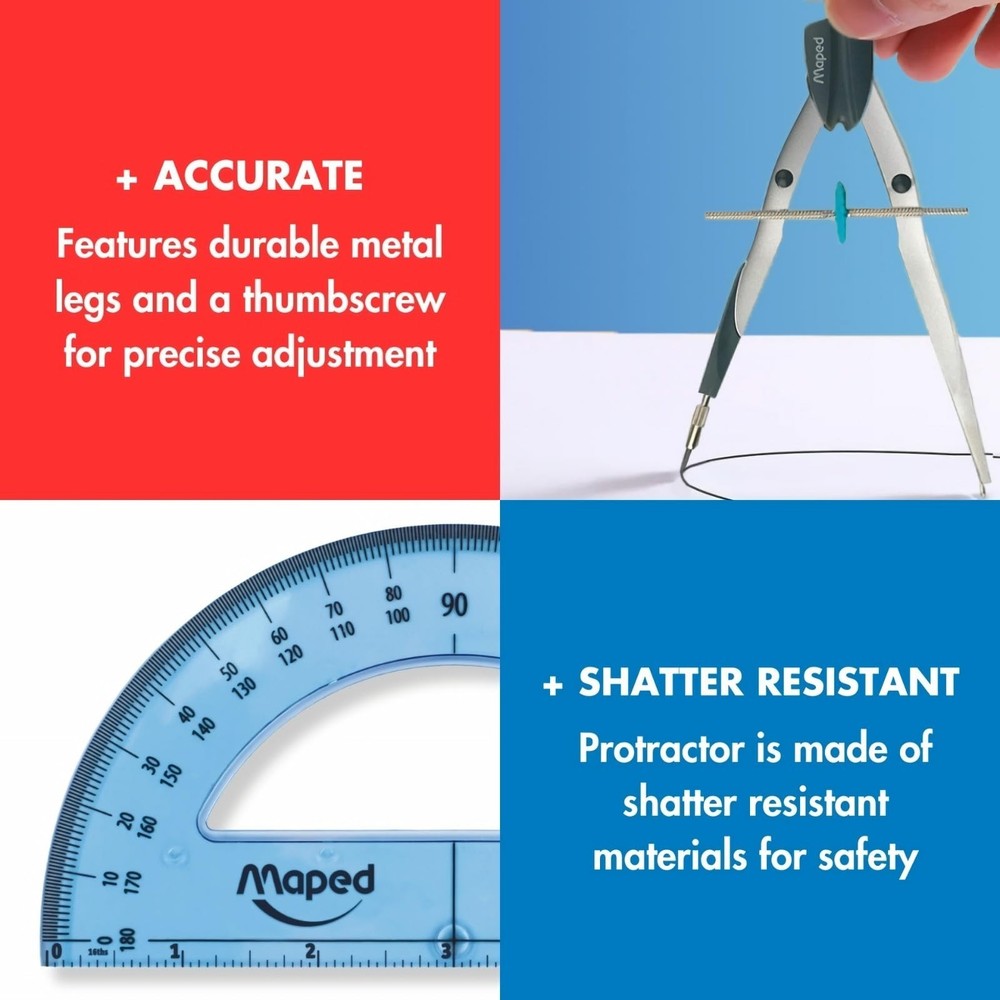 Maped - Precision Metal Bow Compass & Protractor, 3 Piece Set - Older Student...