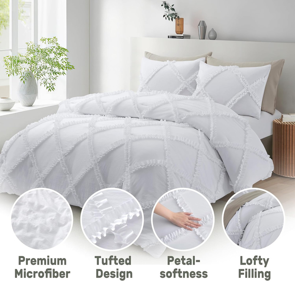 King Comforter Set Soft Bedding - 3 Pcs Tufted Decor Fluffy Comforter Boho Bed i