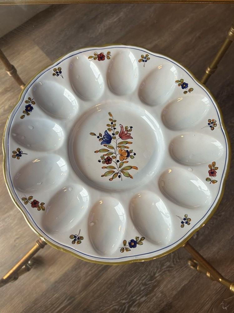 Hand-painted ceramic deviled egg plate with floral design