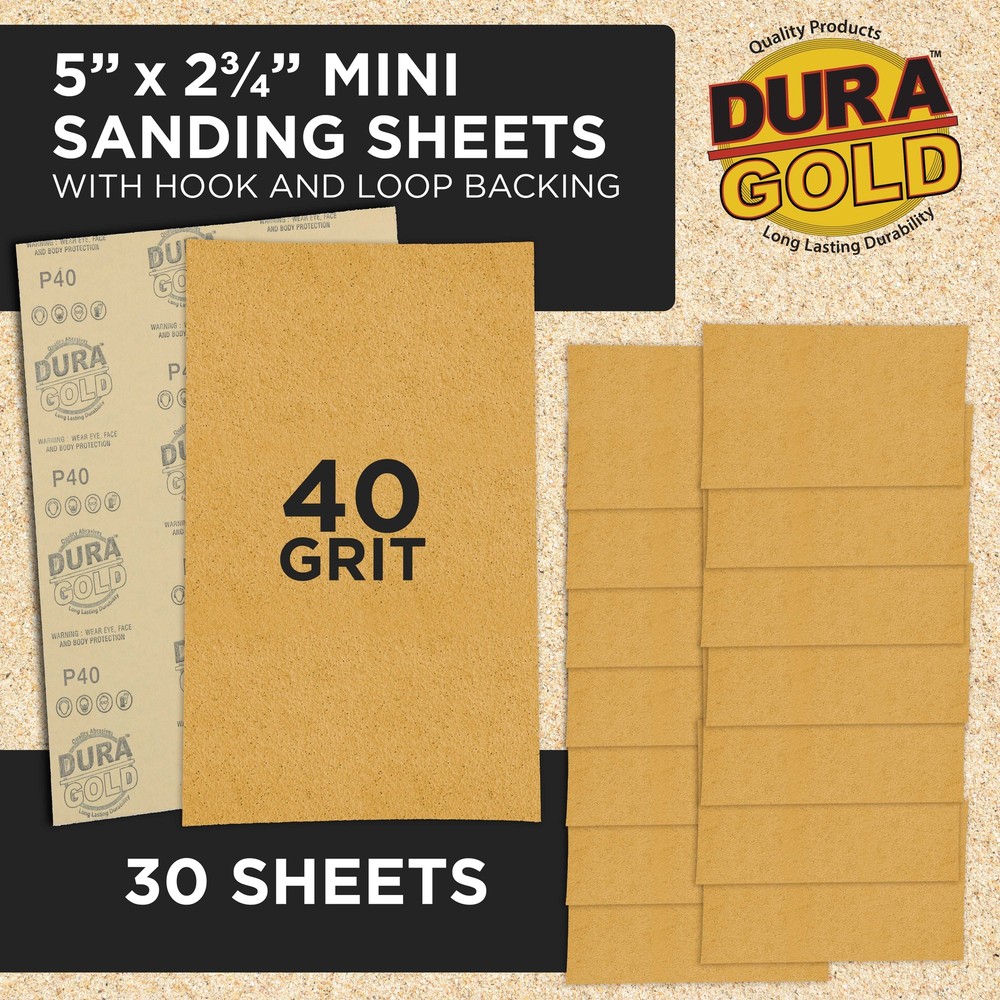 5" x 2.75" Sandpaper Sheets, 40 Grit - 30 Hook & Loop Sheets - Hand Sanding