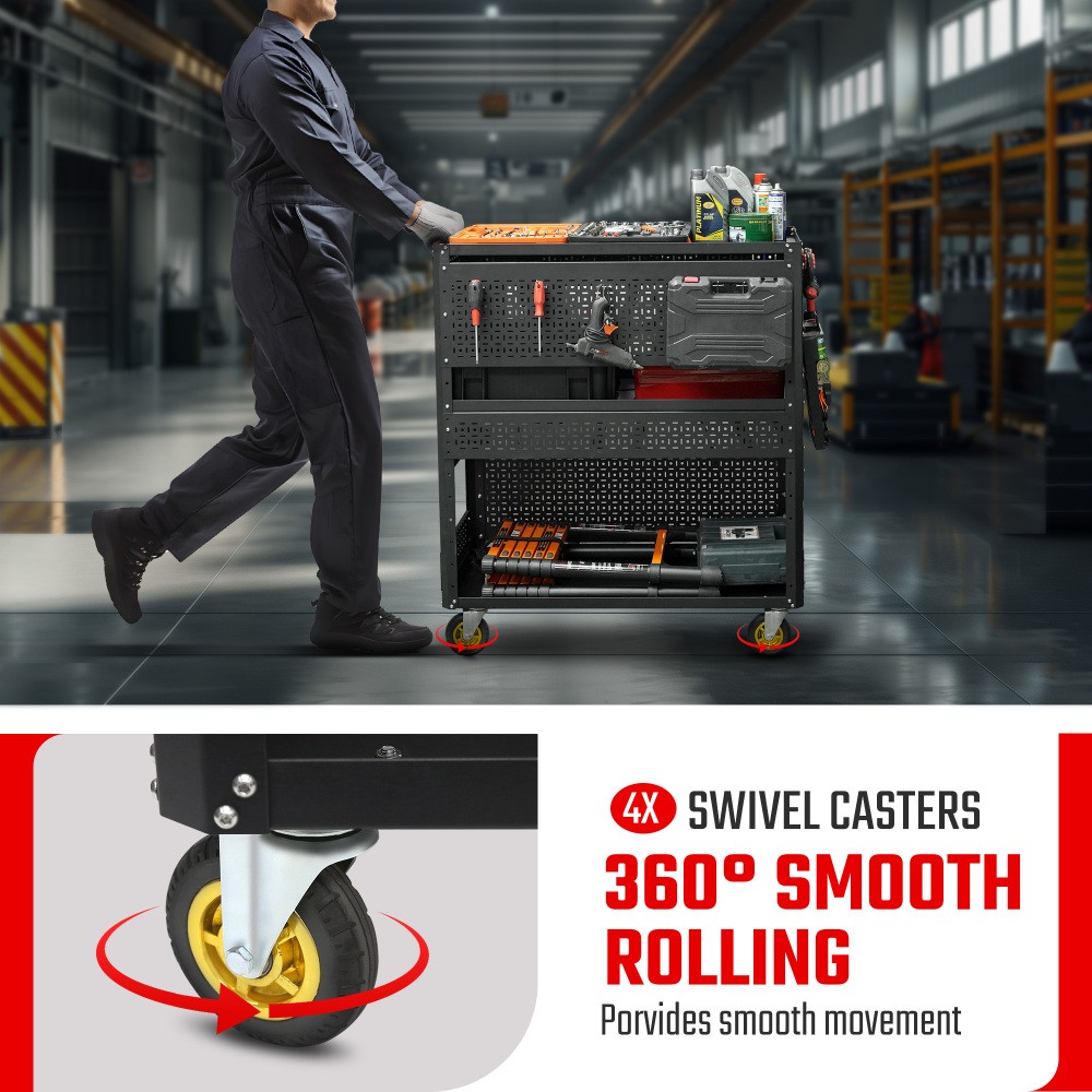 3-Tier Rolling Tool Cart with 4 Trays Mechanic Cart on Wheels 500-Lb Capacity