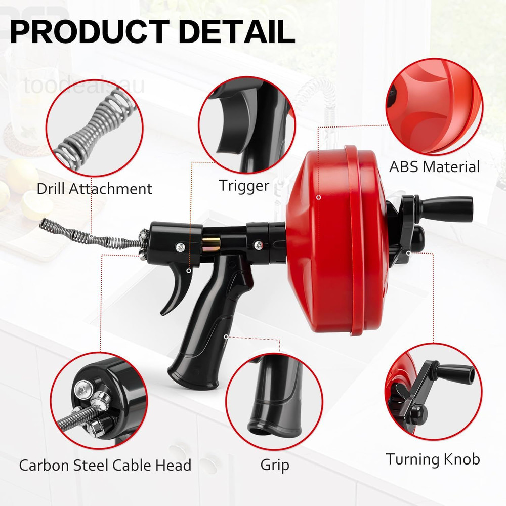 35ft Plumbing Snake Drain Auger with Auto-Retract Function, Red