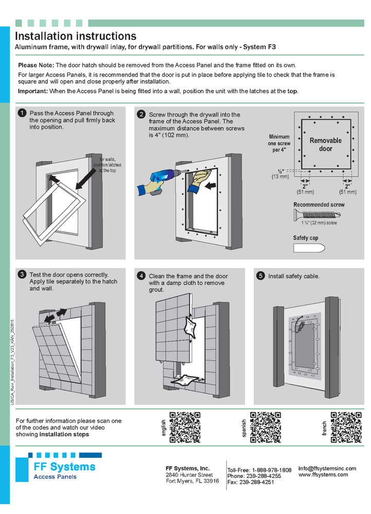 System F3 - Access Panel | Removable | Tile Application (½" Drywall, 24" X 24")