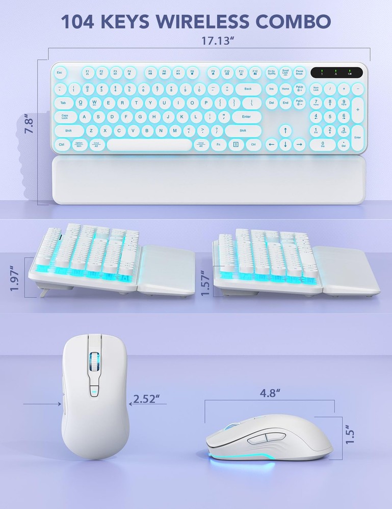 Wireless Keyboard and Mouse Backlit Typewriter Keyboard with Retro Round Key...