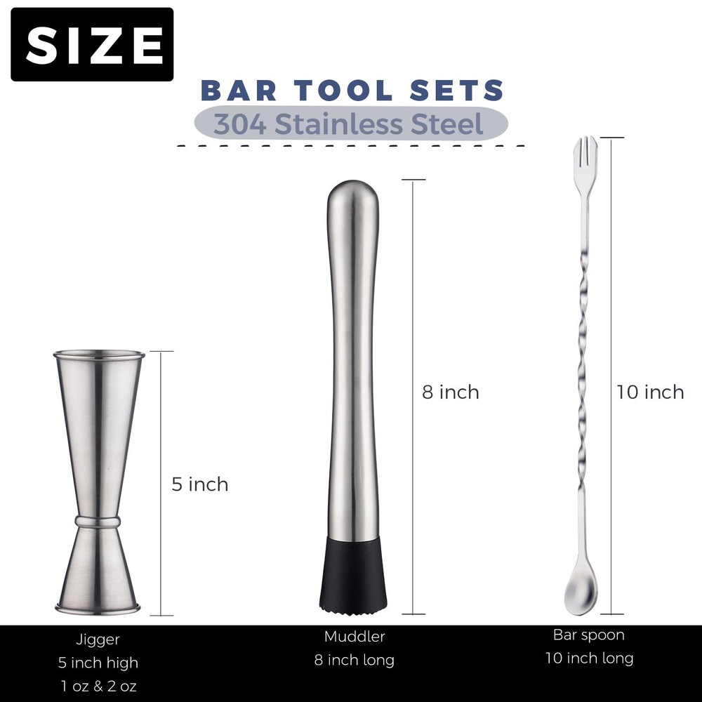 Muddler for Cocktails Set 3 Piece Silver Spoon Jigger Mixing Tools