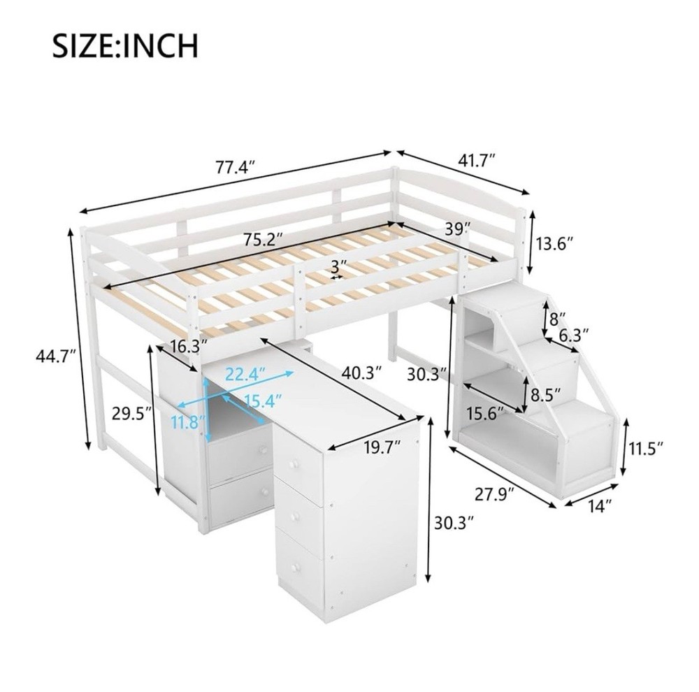 Loft Bed Set 3-Piece, Low Twin Loft Bed