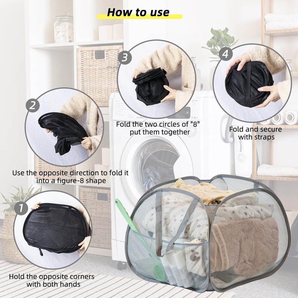HEDONLEE Collapsible Laundry Basket, 90L Foldable Square-Mesh，1 Pack, Gray