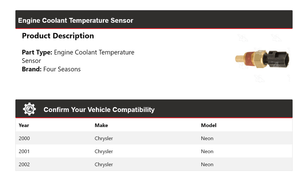 For 2000-2002 Chrysler Neon Engine Coolant Temperature Sensor 4 Seasons 2001