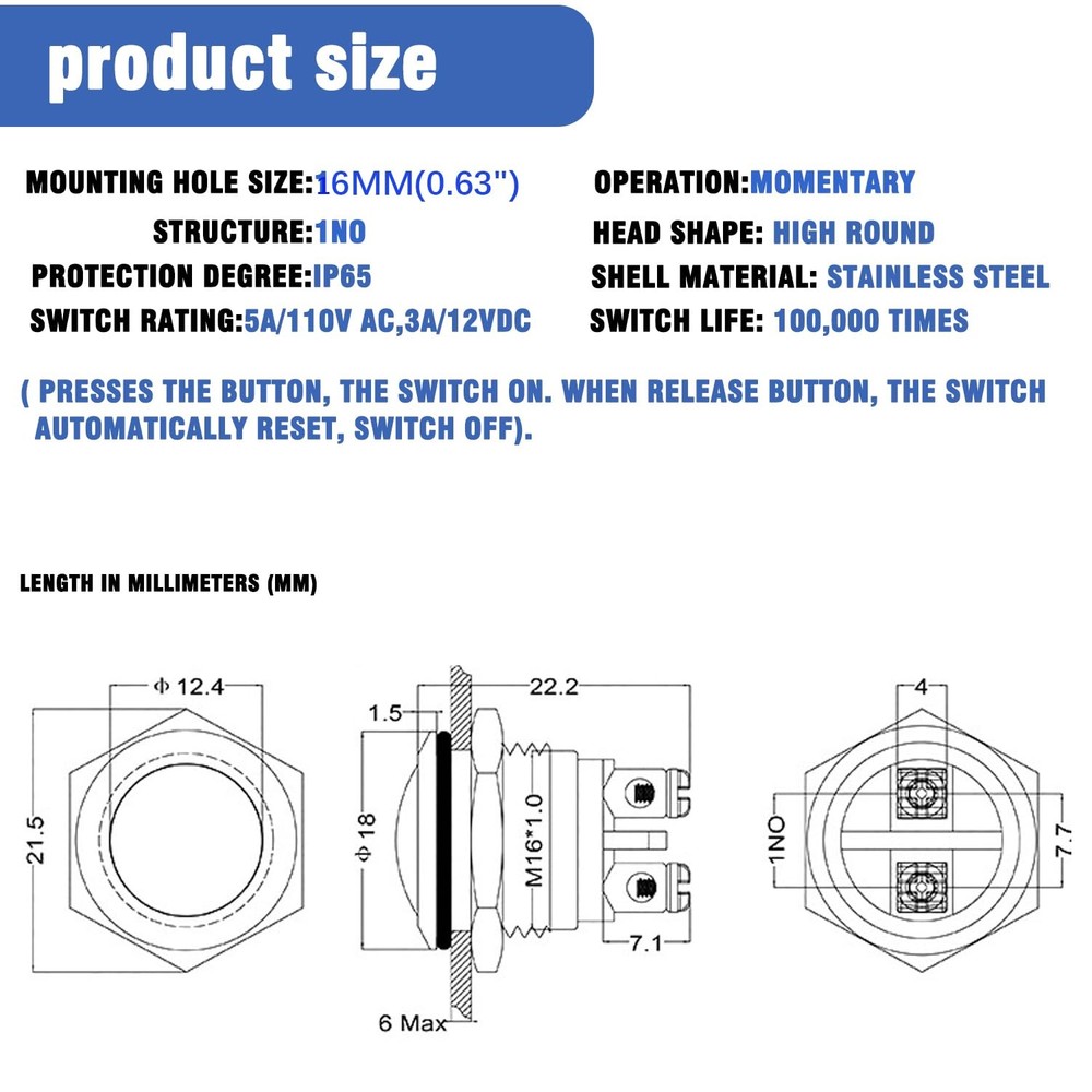 6Pcs Push Button Switch- Metal Waterproof and Rustproof Toggle 6PCS, Silver