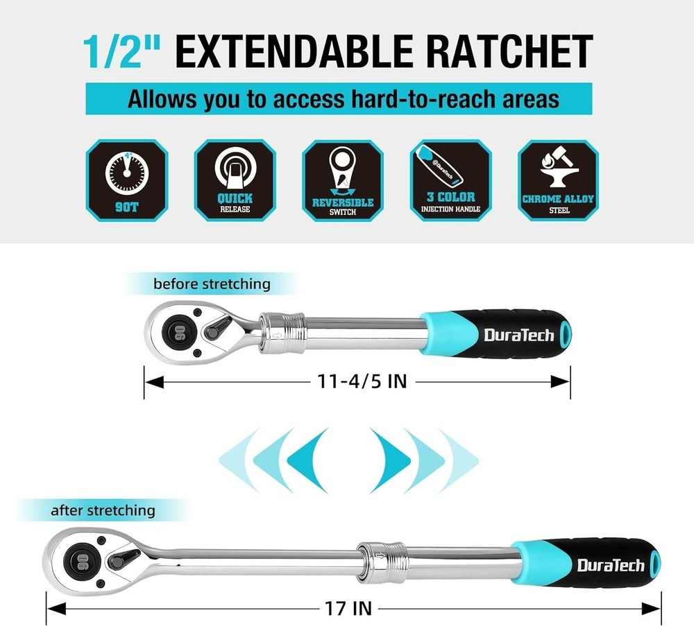 DURATECH Drive Extendable Ratchet 90-Tooth Quick-release with Cushion Handle