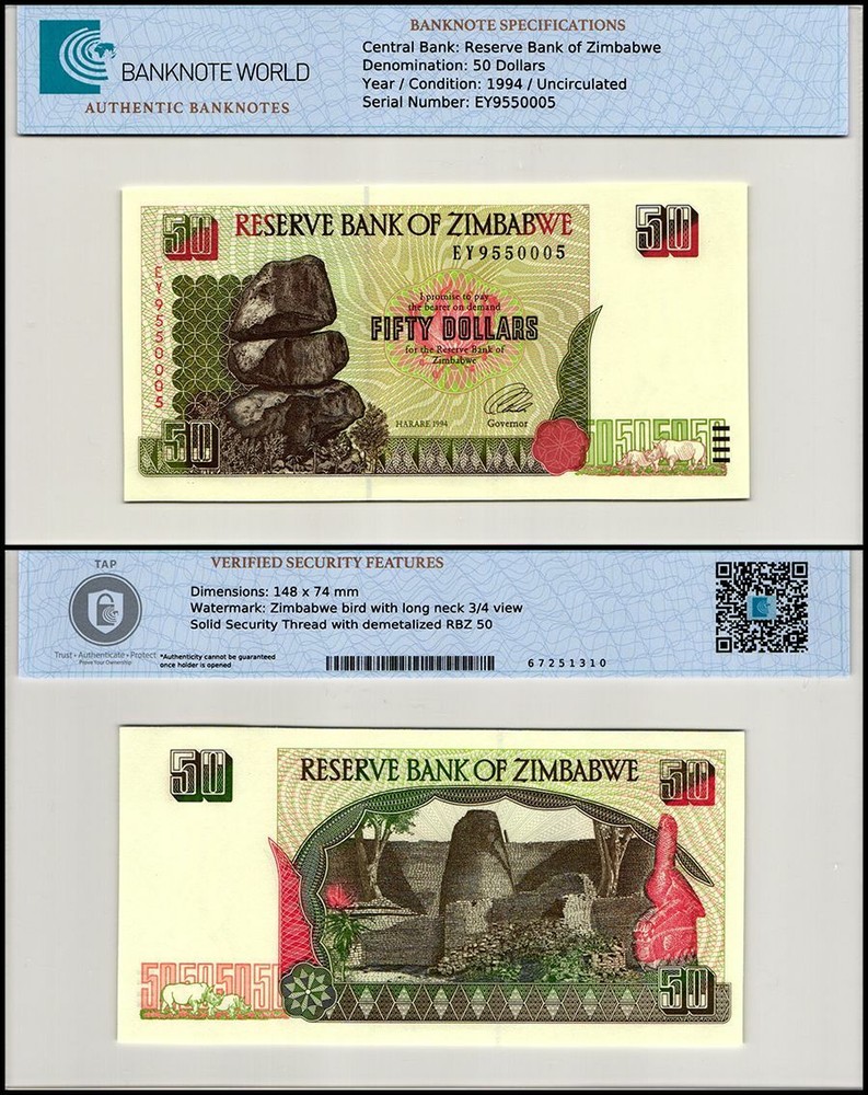 Zimbabwe 50 Dollars, 1994, P-8, UNC, Authenticated Banknote