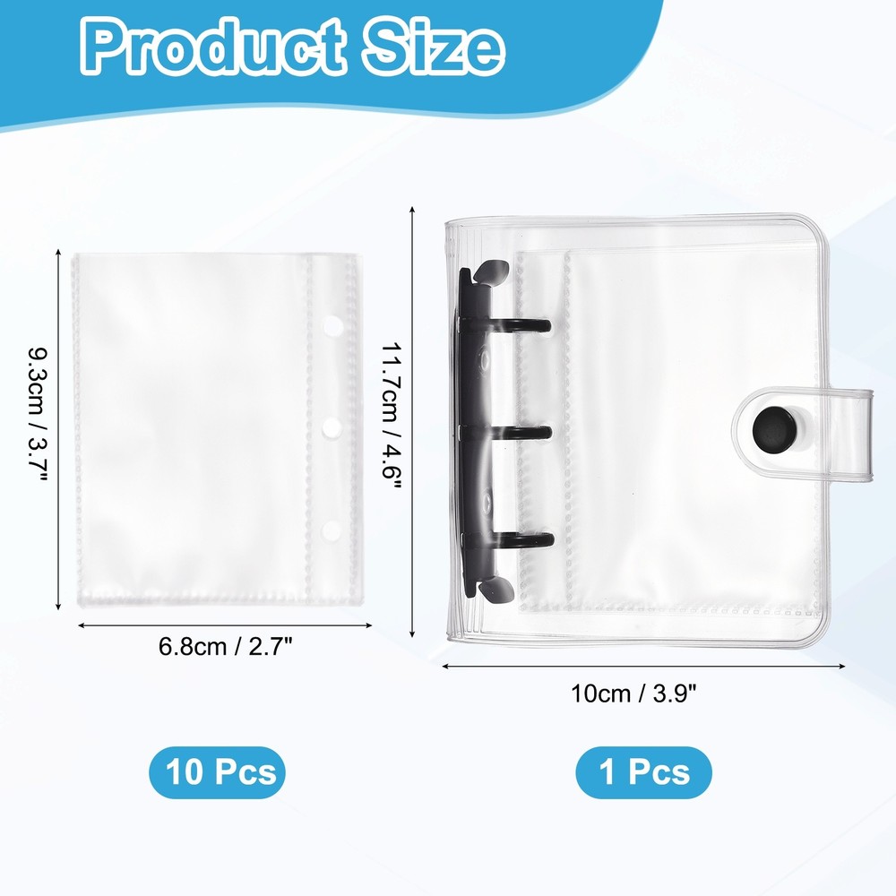 A8 Mini 3-Ring Binder Cover, Clear PP Notebook Binder with Inner Pockets, Black