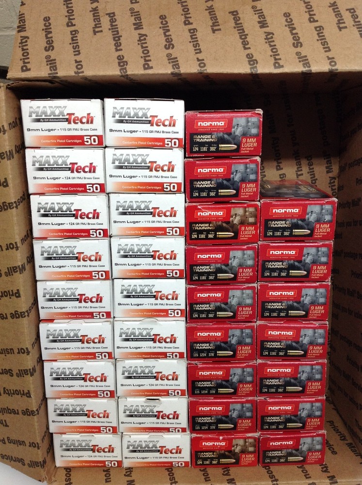 9mm empty ammo boxes with trays, small format Max Tech & Norma