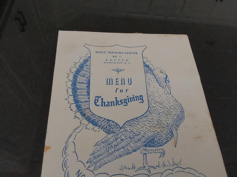 WWII 1942 Thanksgiving Menu Atlantic City NJ AAFTTC Basic Training Center