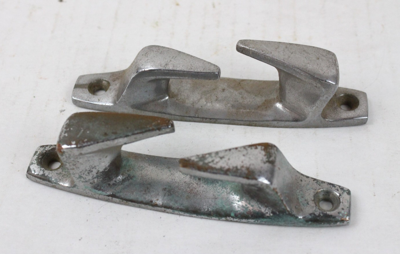 2 Vintage Wood Boat Cleat Skene Chock 4-1/2” Chrome Vintage Part Chris Craft ?