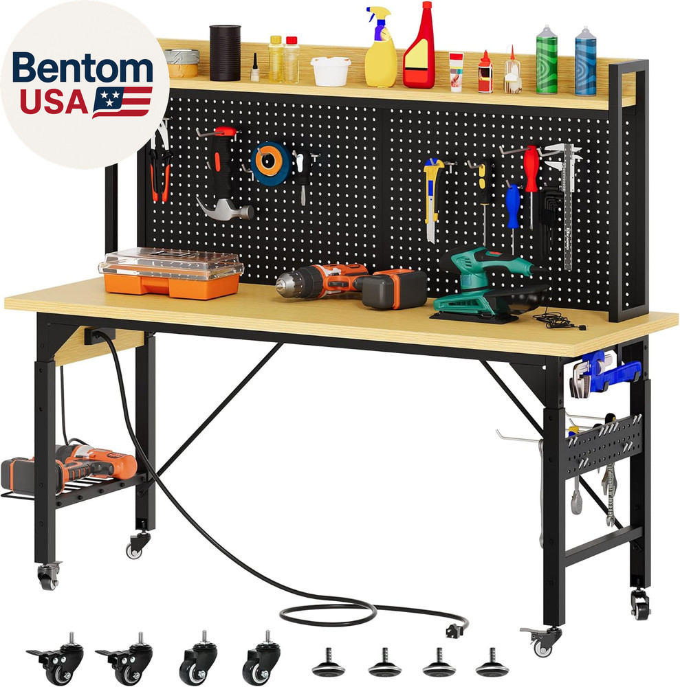 60" Adjustable Workbench with Pegboard, Wheels & 1600 LB Capacity, Rolling Work