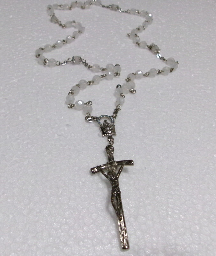 Vintage Catholic ROSARY Frosted White Faceted Acrylic Beads Silver Tone Crucifix