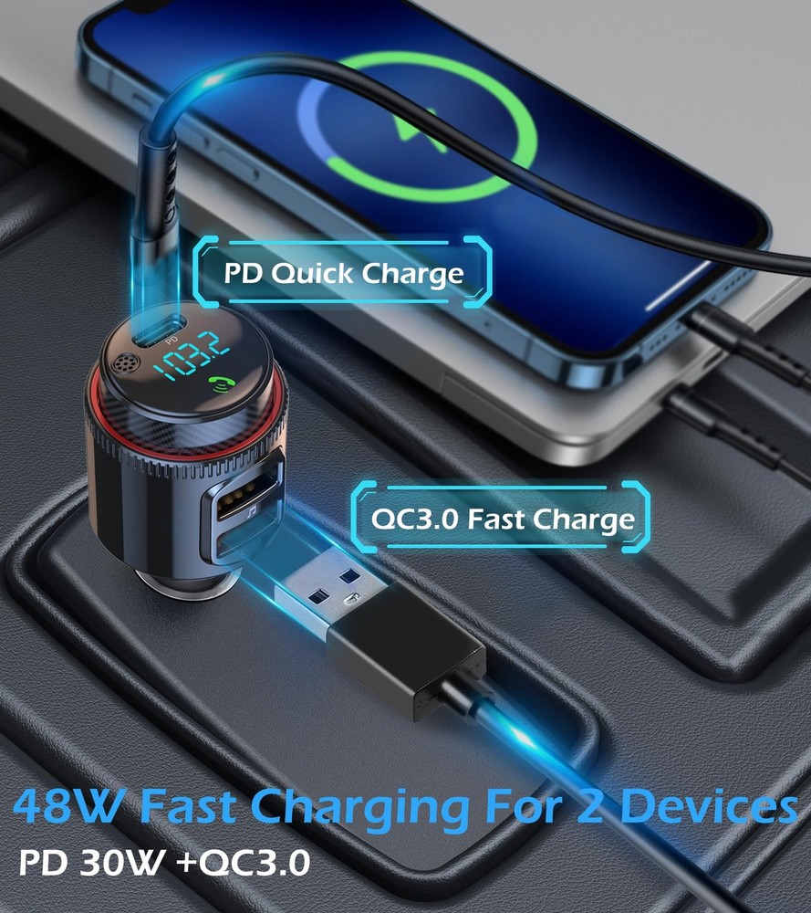 Bluetooth Car Adapter, Wireless AUX FM Transmitter, USB CQC3.0 Dual Fast Char...