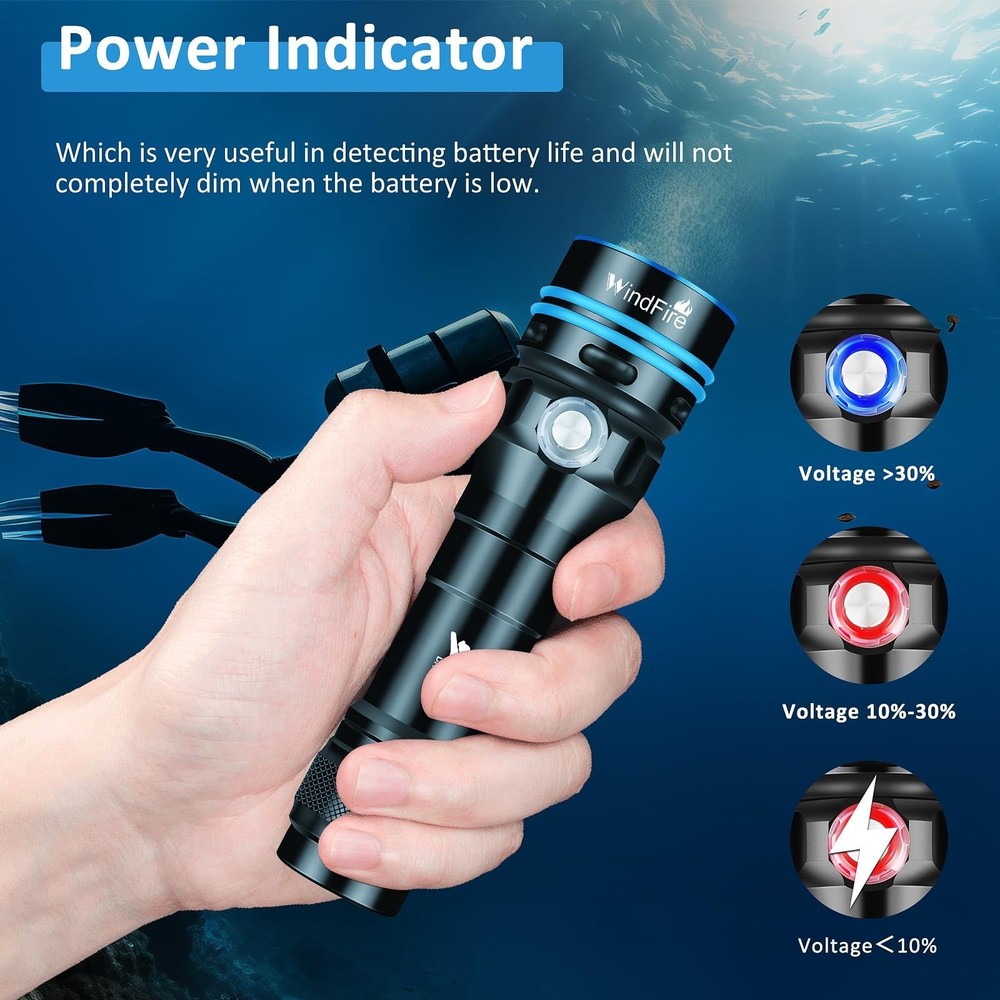 WINDFIRE Dive Light – Super Bright Rechargeable Diving Flashlight with 4 M