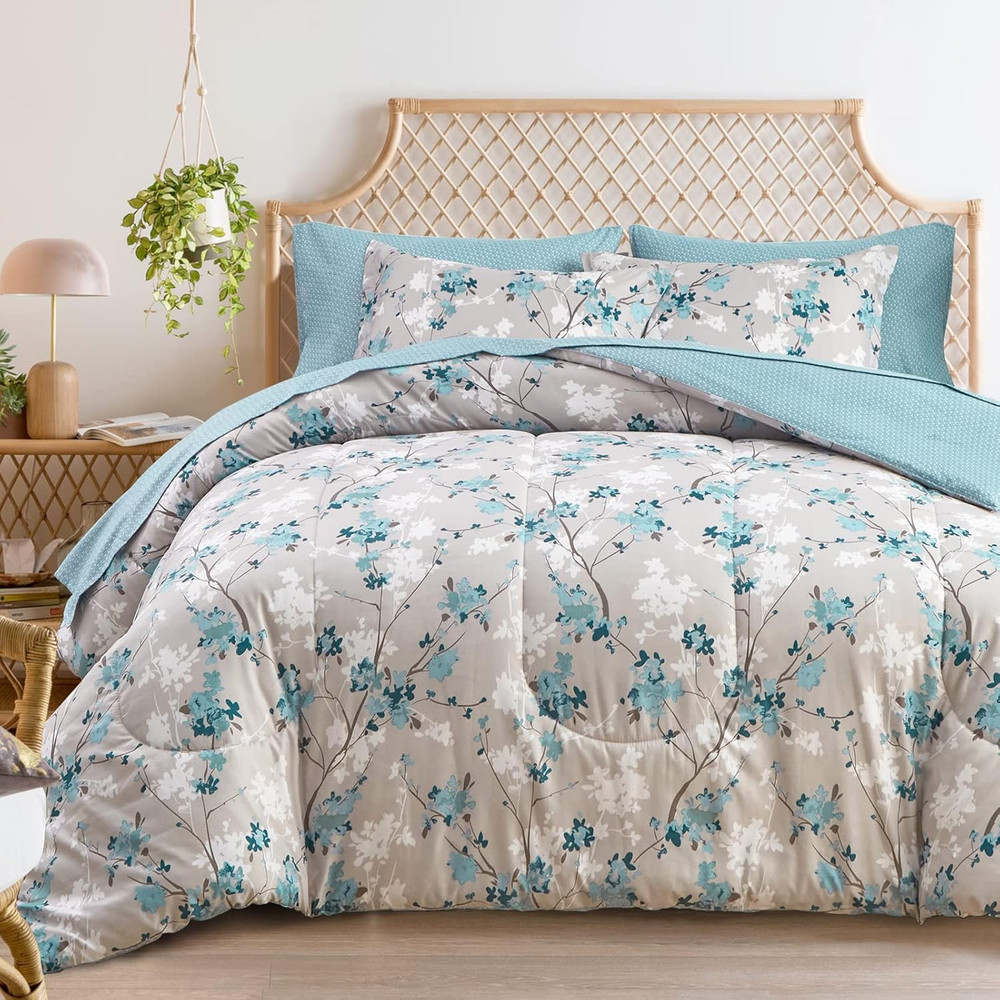 King Size 7-Piece Aqua Grey Botanical Comforter Bedding Set